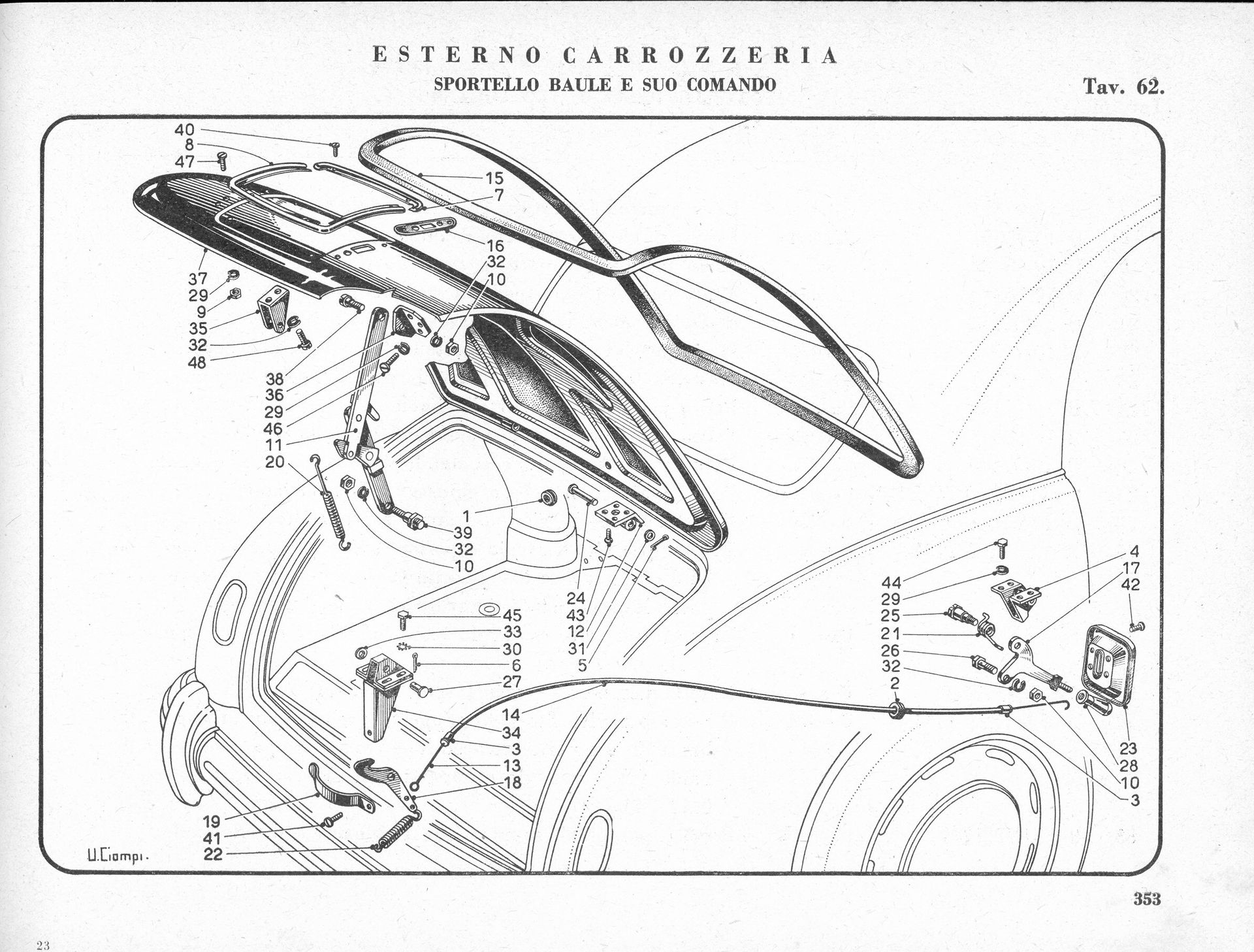 Diagram of a car's external components, detailing the windshield, hood, and related mechanical parts.