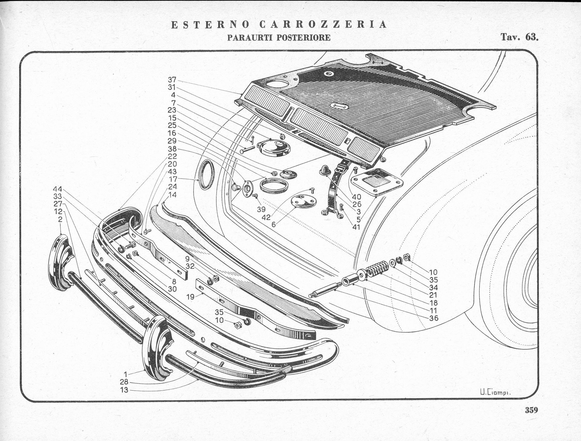 Exploded diagram of a car's rear, showing bumper, spare tire, trunk, and body panels.