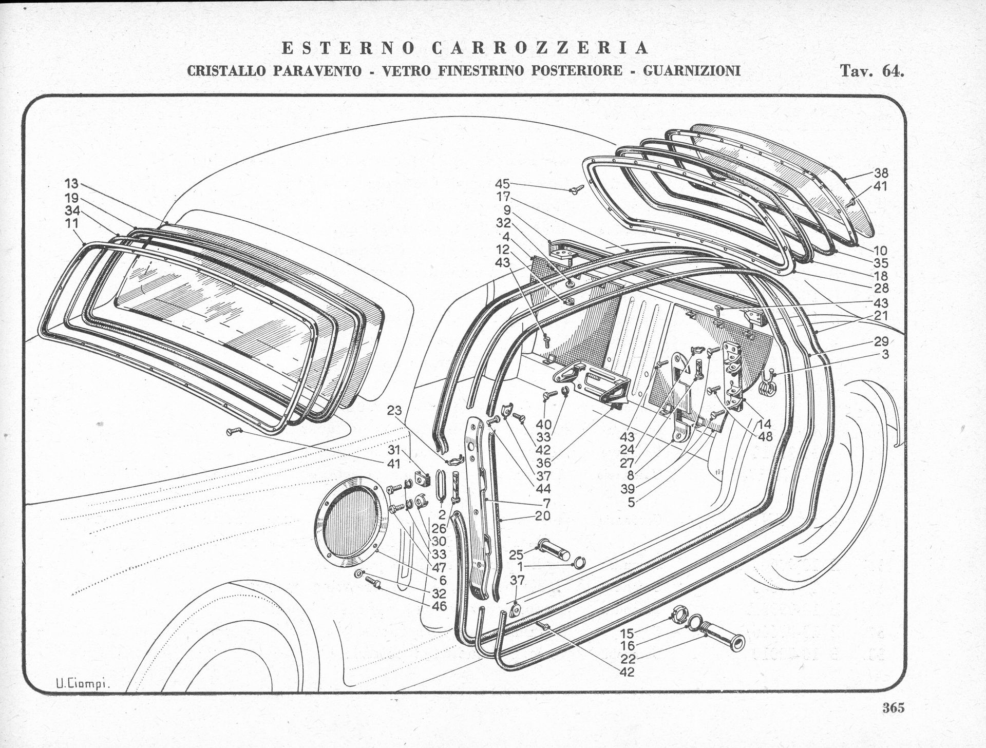 Diagram of car body, highlighting seals around windshields, doors, and rear windows.