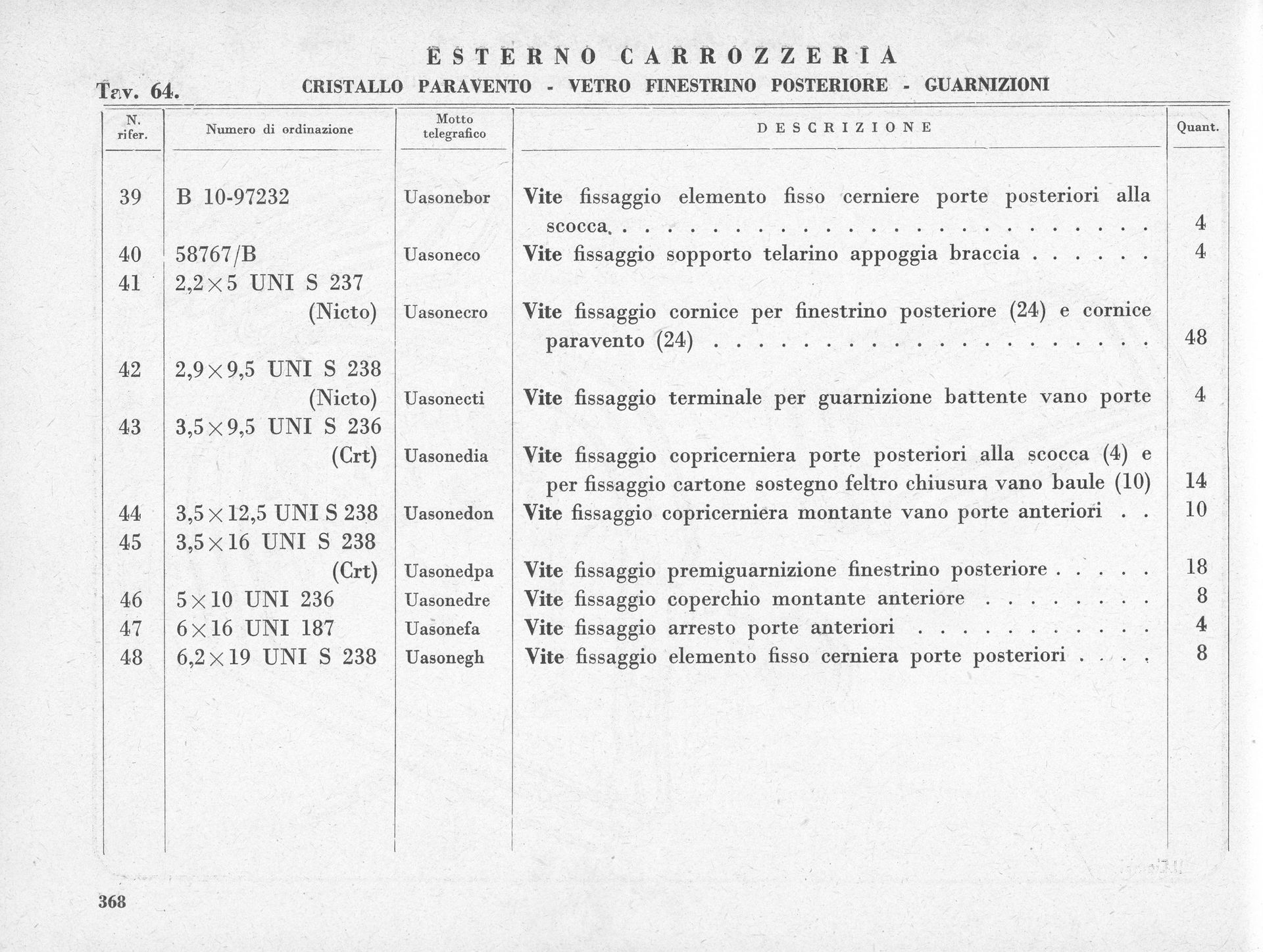 A black and white parts list with text columns and rows.