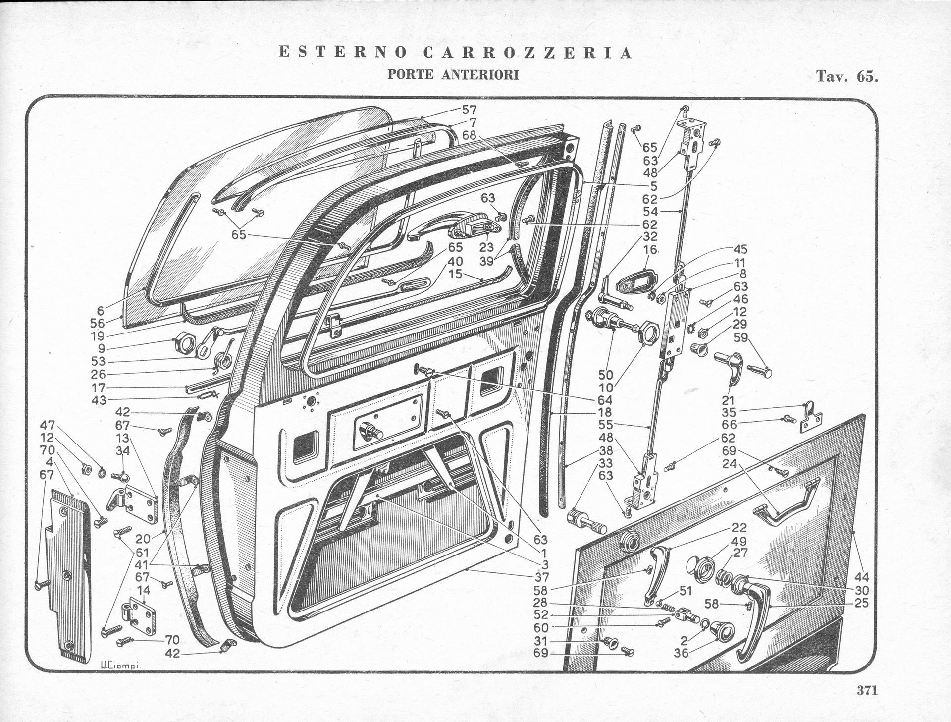 An exploded diagram of a car door, showing the various parts and components.