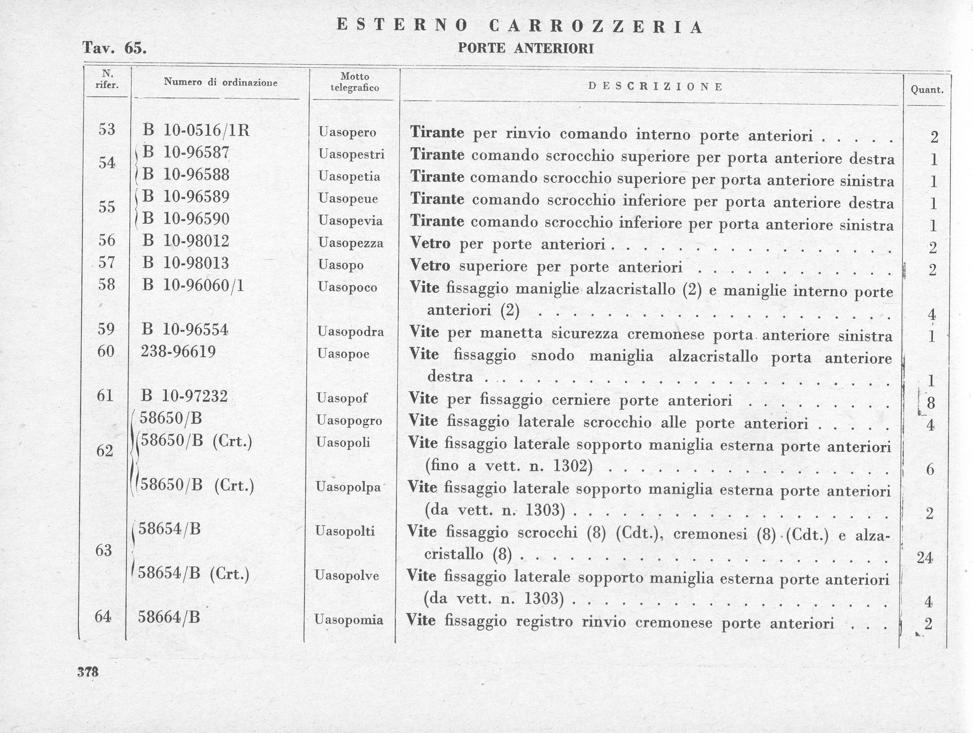 A parts list from a vehicle manufacturer, detailing various components and quantities.