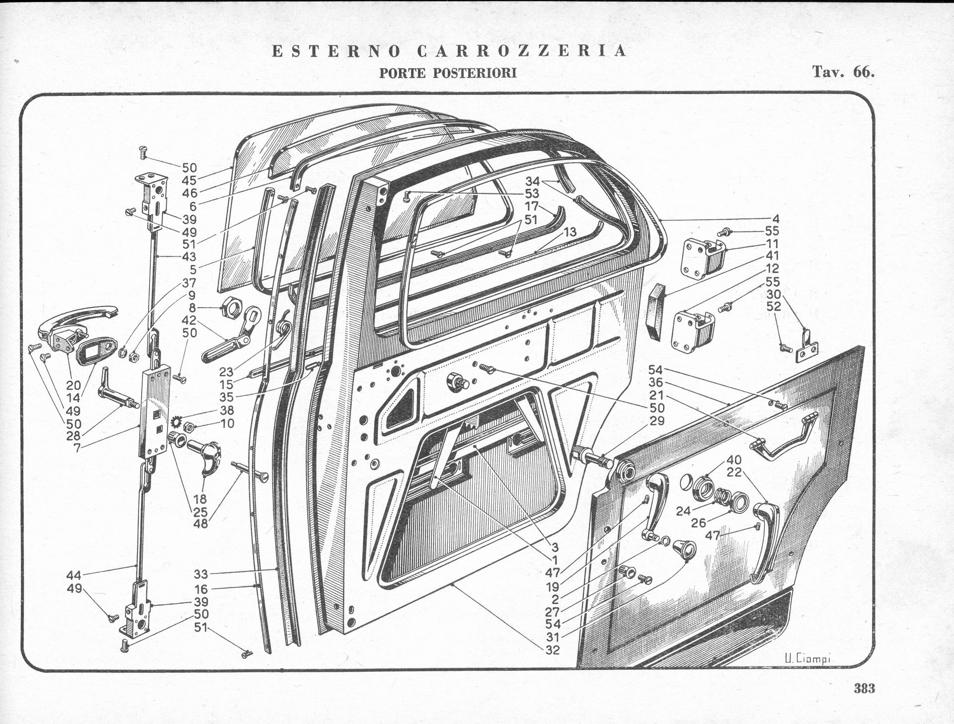 Exploded diagram of a car door, showing various components and their positions.