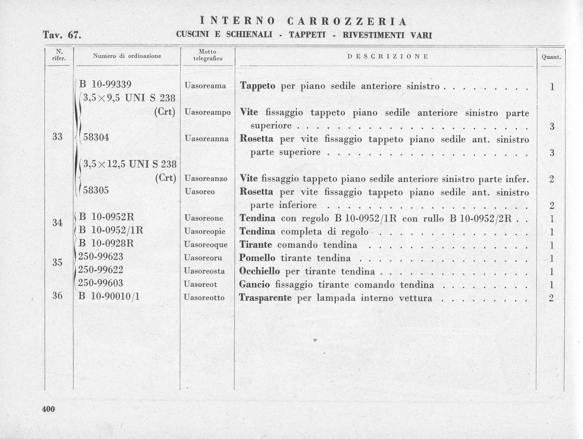 Document with Italian text, listing car parts and quantities.