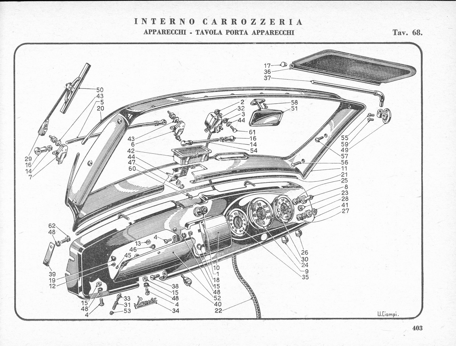Exploded diagram of a car interior showing various components, including the dashboard, windshield, and roof.