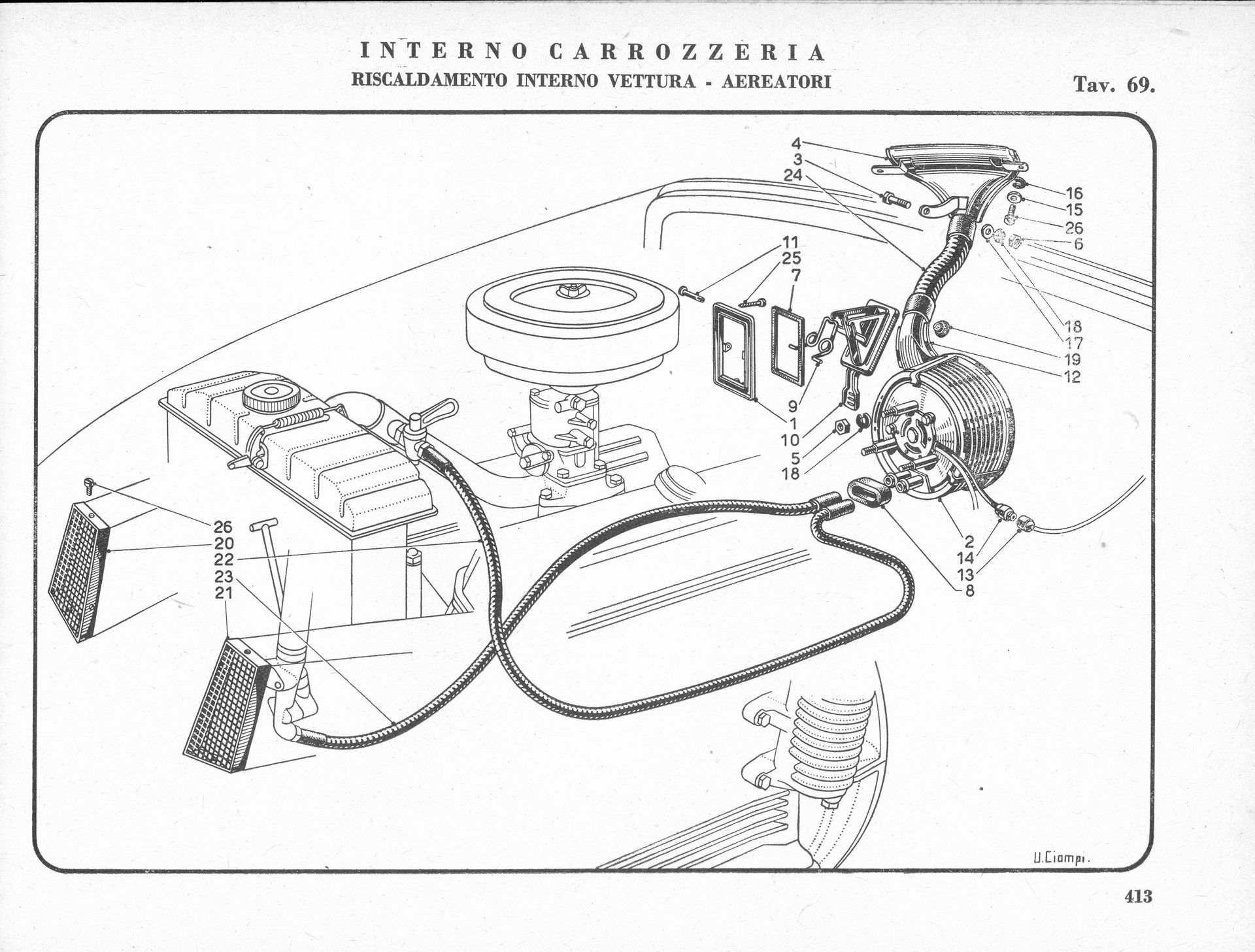 Diagram of car engine components, including carburetor and air filter, with text at the top.
