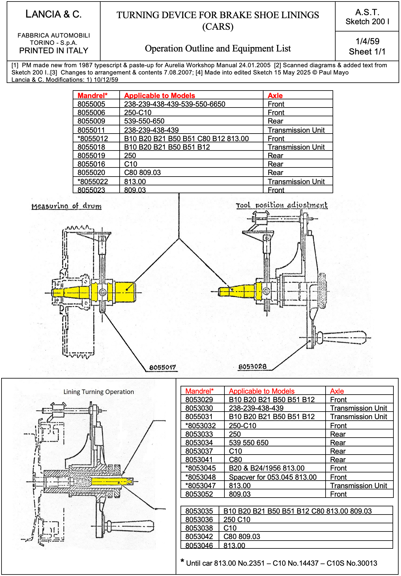 Technical diagram, Lancia, showing parts and specifications for car components. Includes diagrams and tables.