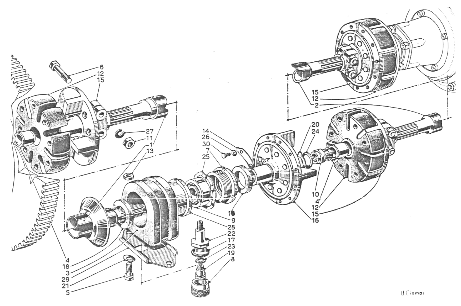 Exploded diagram of a mechanical differential, showing internal gears and shafts.