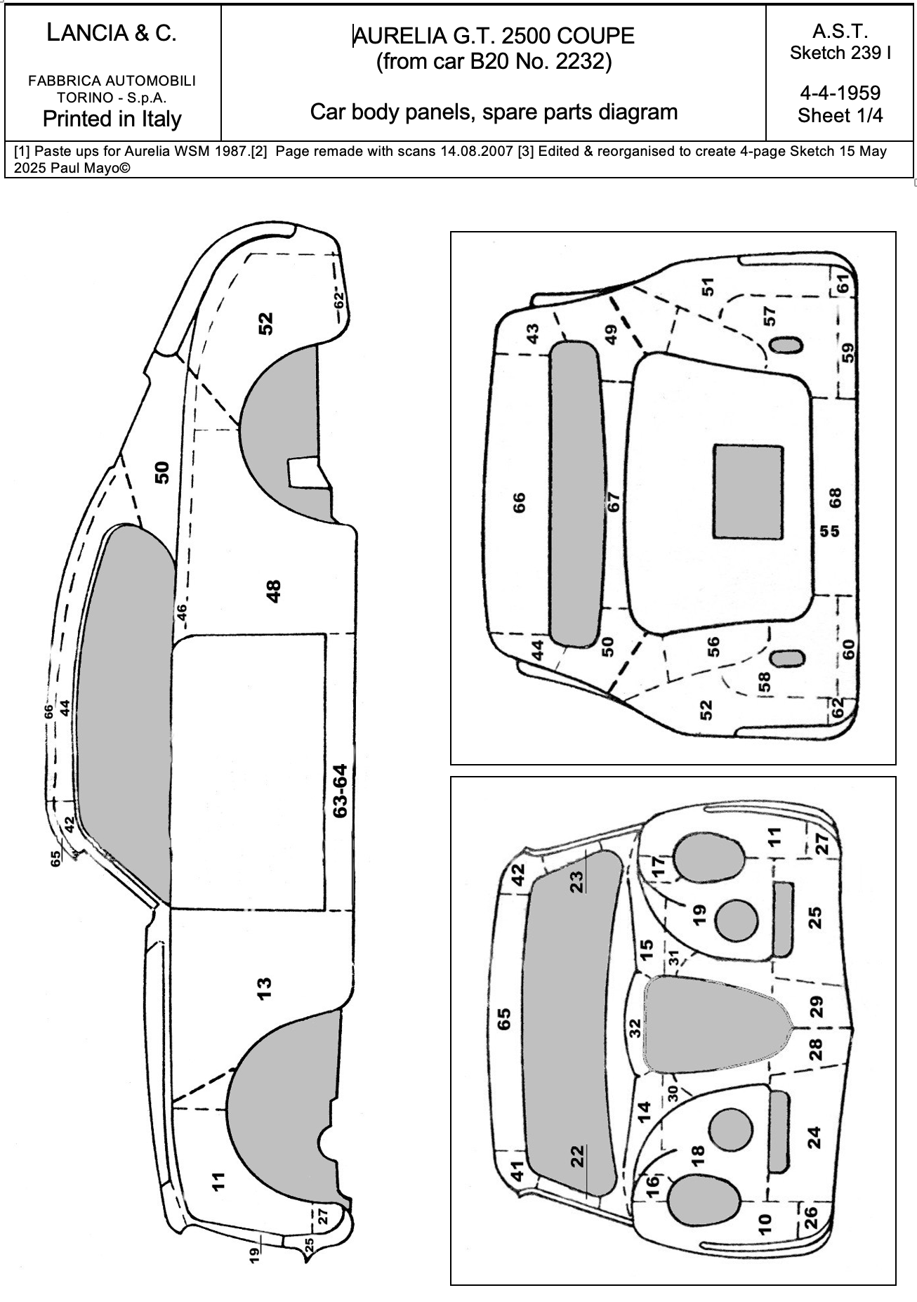 Blueprint of car body panels for a Lancia Aurelia GT 2500 Coupe, detailing shapes and numbers.