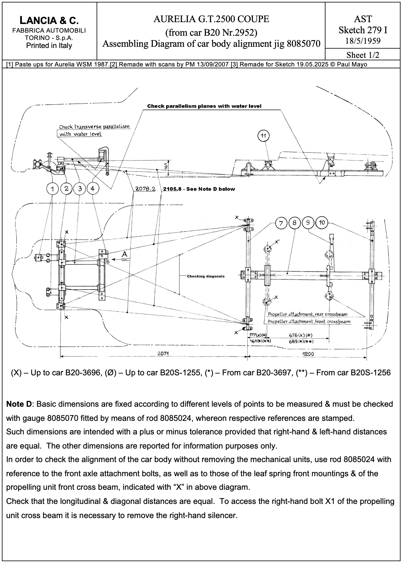 Diagram of body alignment for a vehicle, showing measurements and angles for repair.