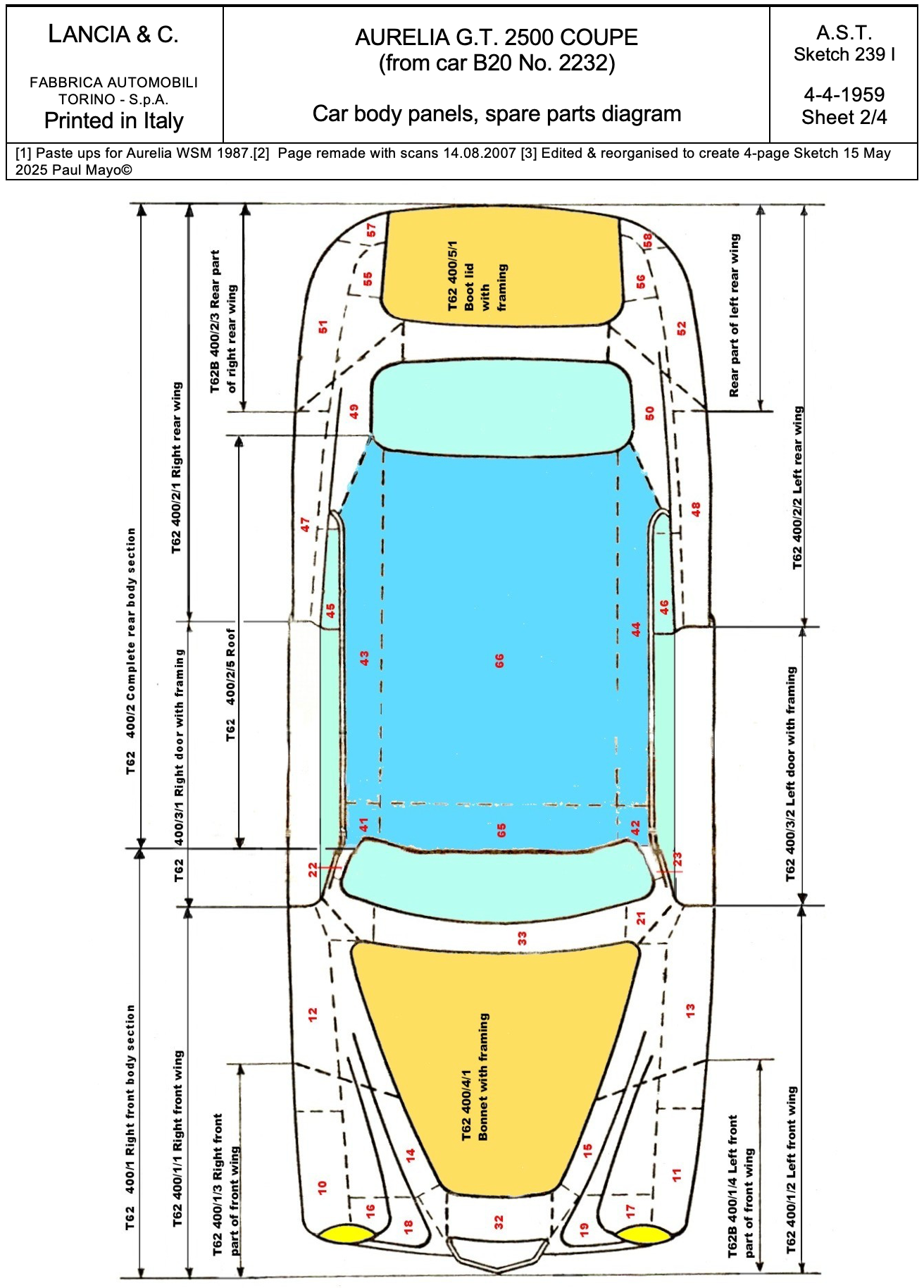 Top-down diagram of an Aurelia GT 2500 Coupé car with dimensions, in black, white, blue, and yellow.