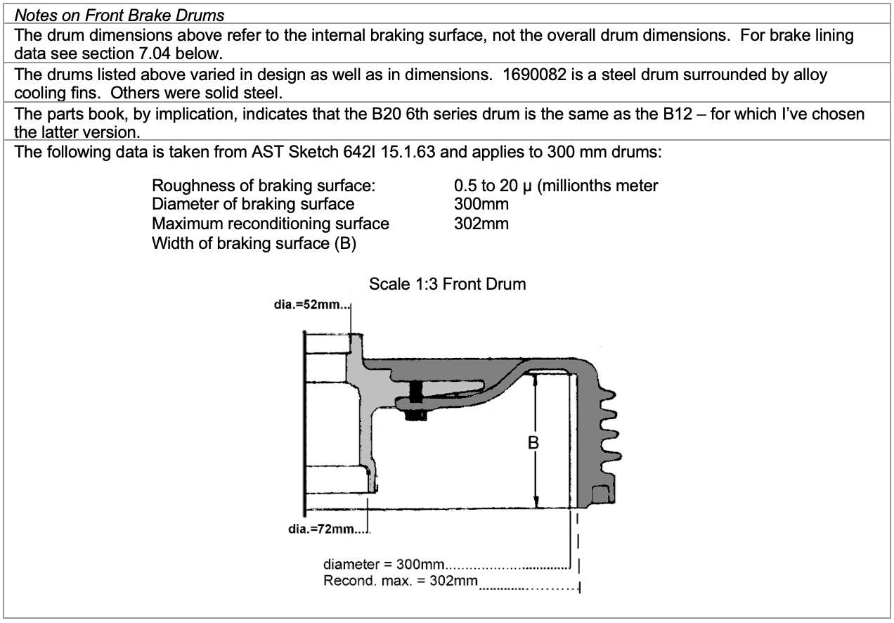 Diagram of a front brake drum with dimensions labeled: braking surface, diameter, and width.