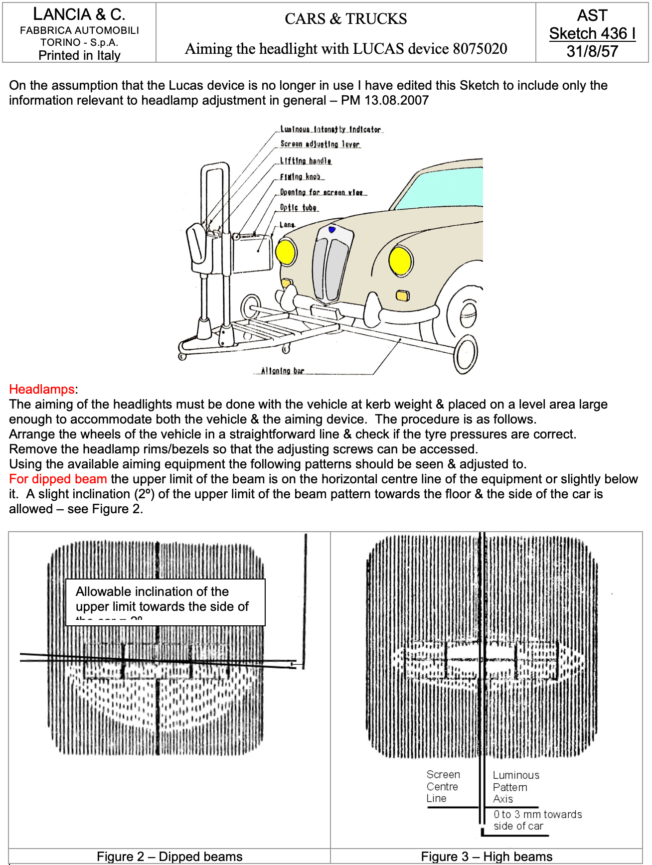 Diagram showing headlight aiming for a Lancia vehicle, using equipment and beam pattern illustrations.