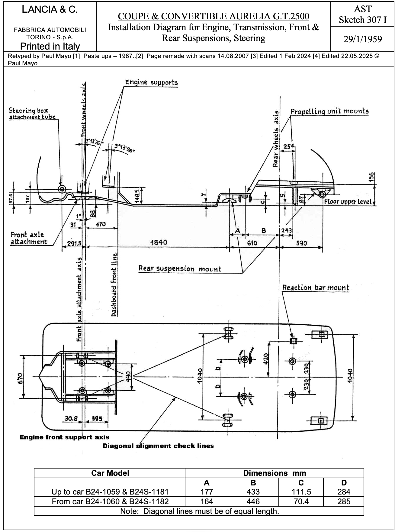 Diagram of a car chassis showing engine, transmission, front & rear suspension installation; dimensions are given.