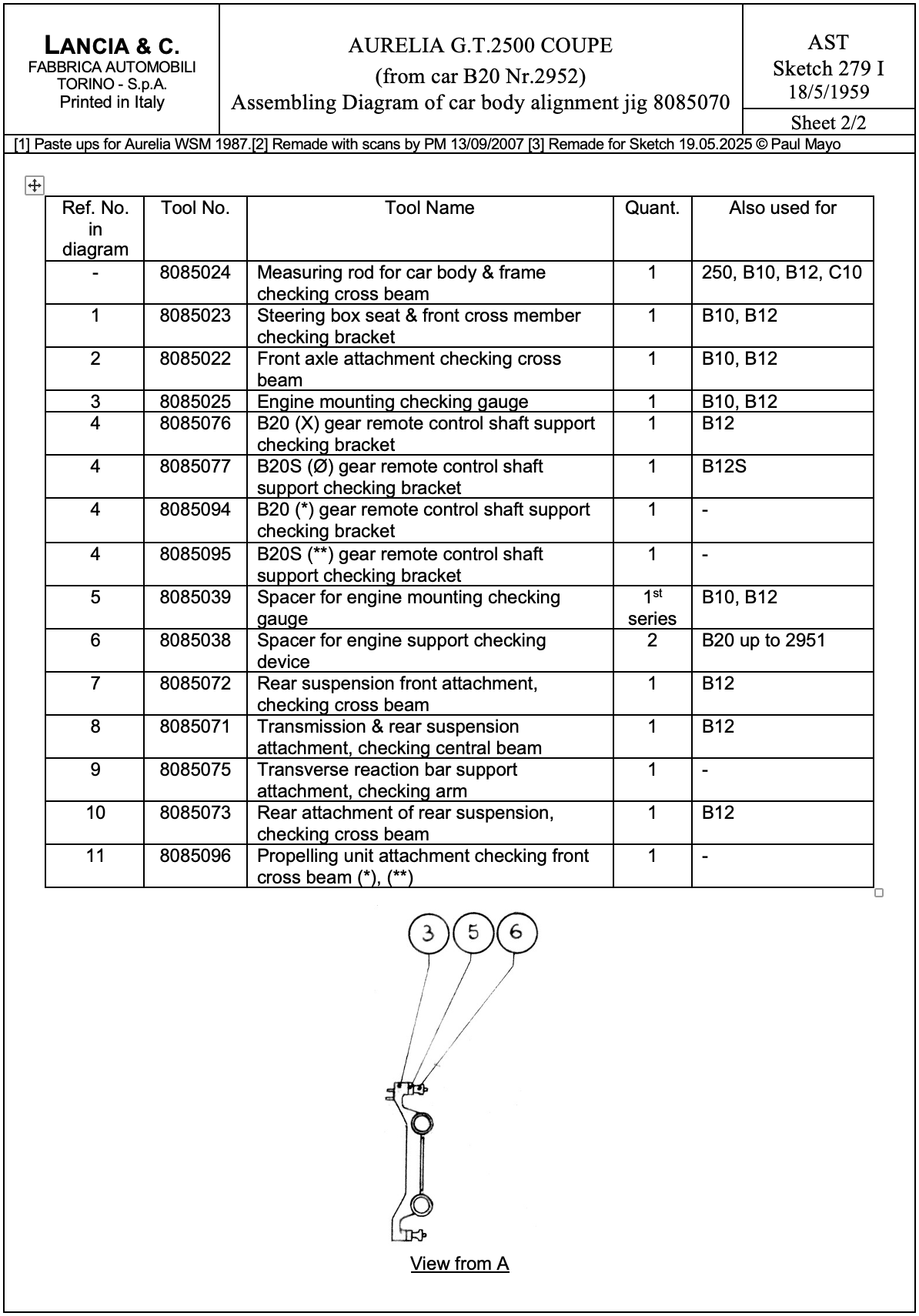 Parts list for a Lancia automobile, including part numbers, descriptions, and quantities. Diagram of related parts.
