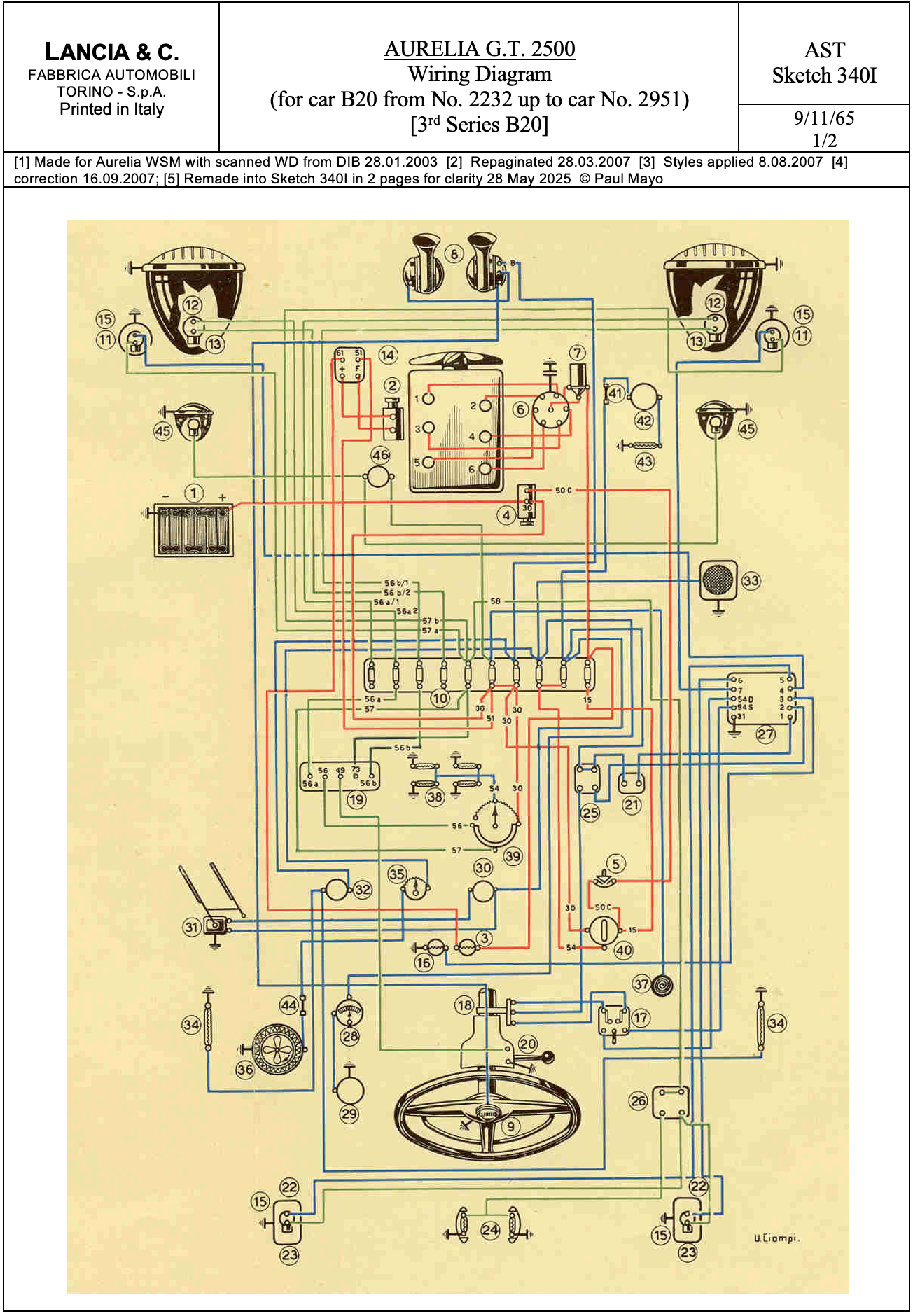Wiring diagram for a vehicle, with various components and colored wires.