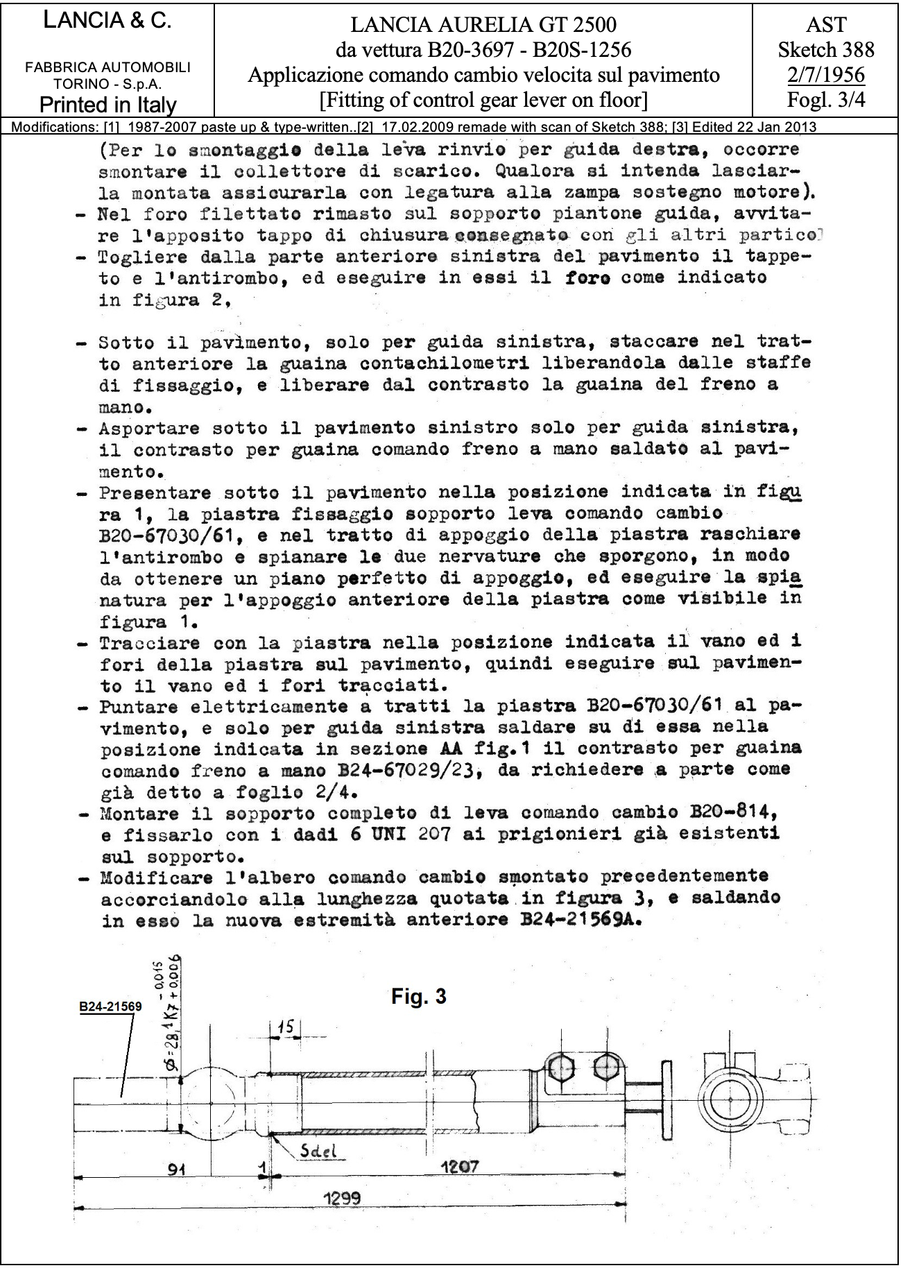Technical diagram with text instructions for Lancia Aurelia parts. Shows measurements and labeled components.