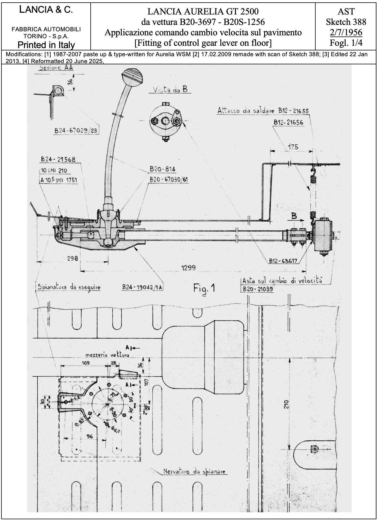 Diagram of Lancia Aurelia B20 GT steering column and related parts, with technical annotations.