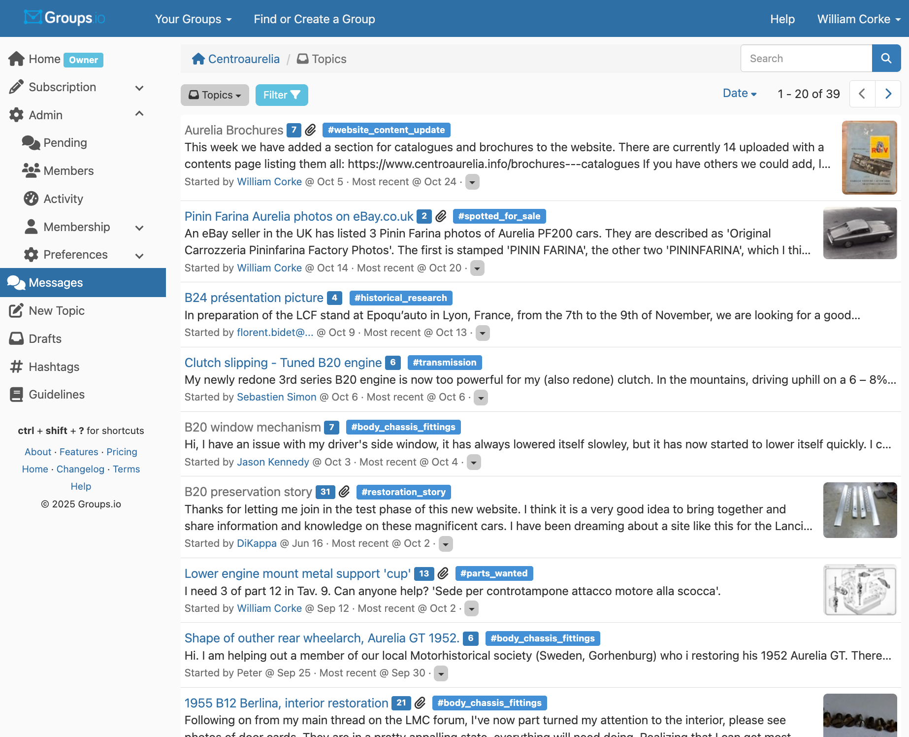 Screenshot of a web interface displaying a list of messages with content and various blue and grey icons.