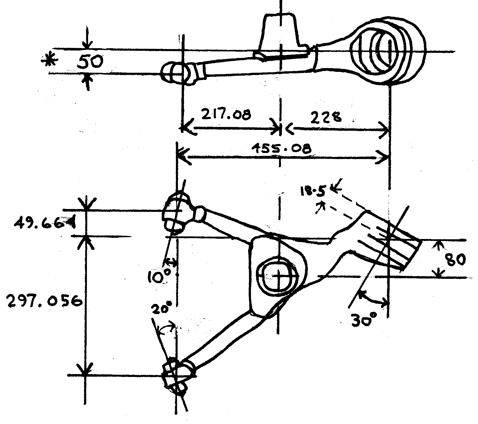 Diagram of a mechanical part with dimensions and angles, showing top and side views.