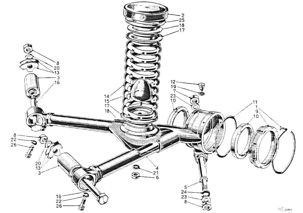 Diagram of a vehicle's suspension system, showing a spring, shock absorber, control arms, and related components.