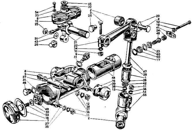 Exploded diagram of a mechanical system, showing various components and their assembly positions.