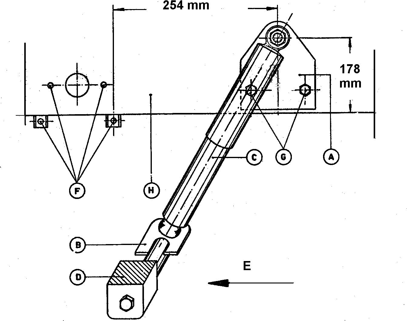 Diagram of a hydraulic cylinder assembly with labeled pivot points and dimensions.