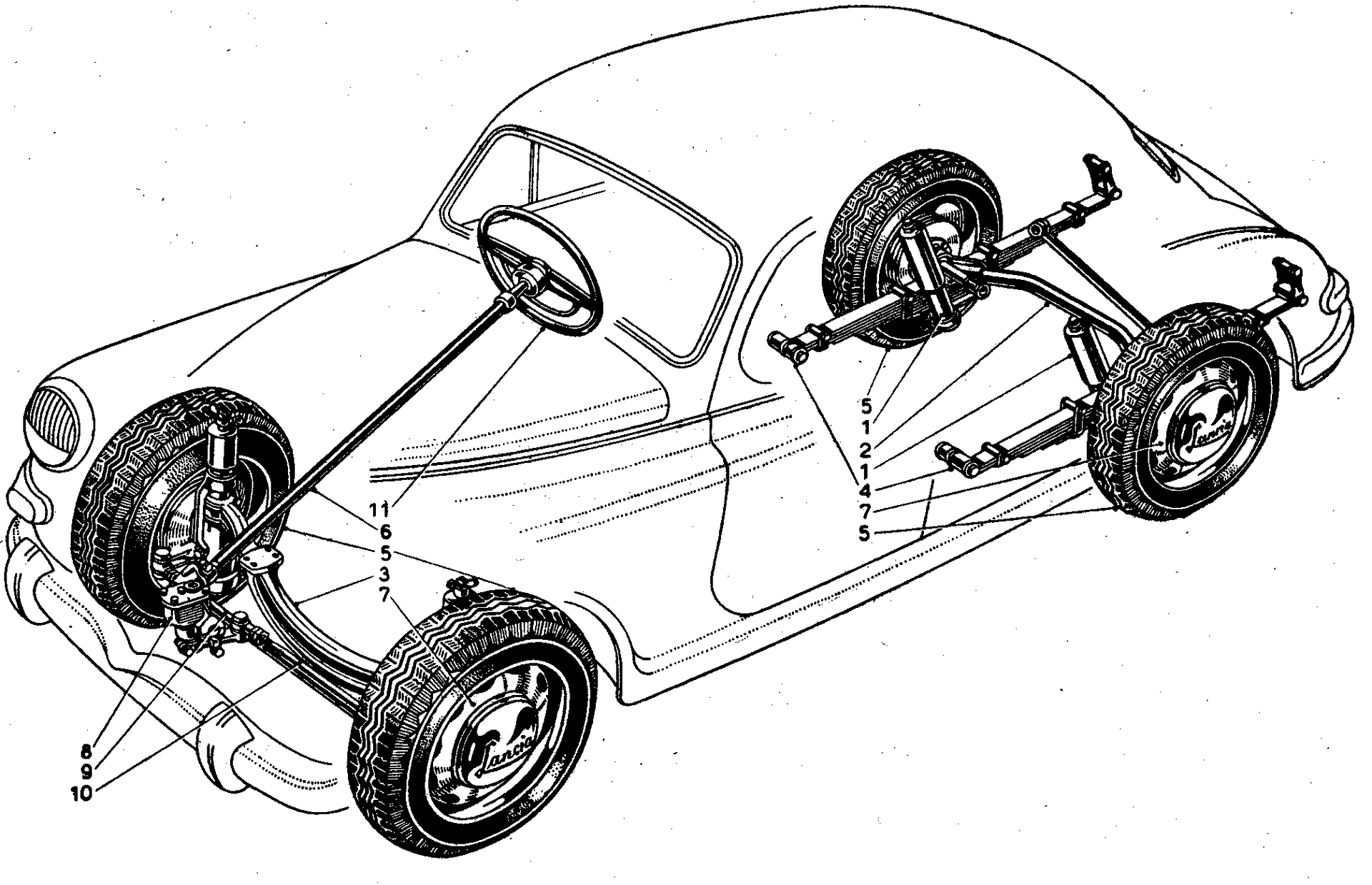 Cutaway diagram of a vintage car showing the steering and suspension systems.