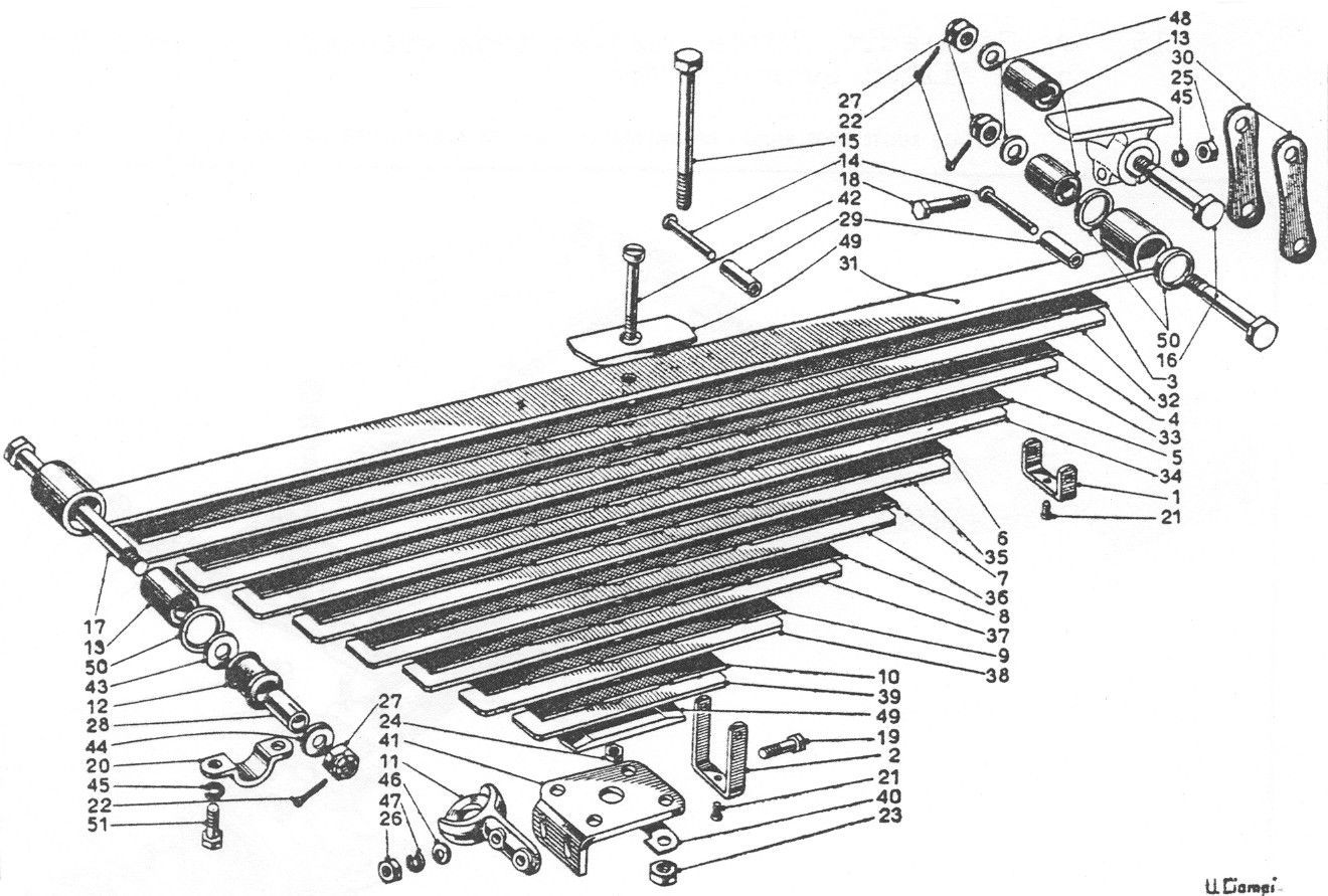 Exploded diagram of a leaf spring suspension system, showing multiple parts and assembly.