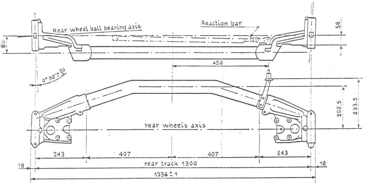 Technical drawing of a rear axle, with dimensions and part labels.