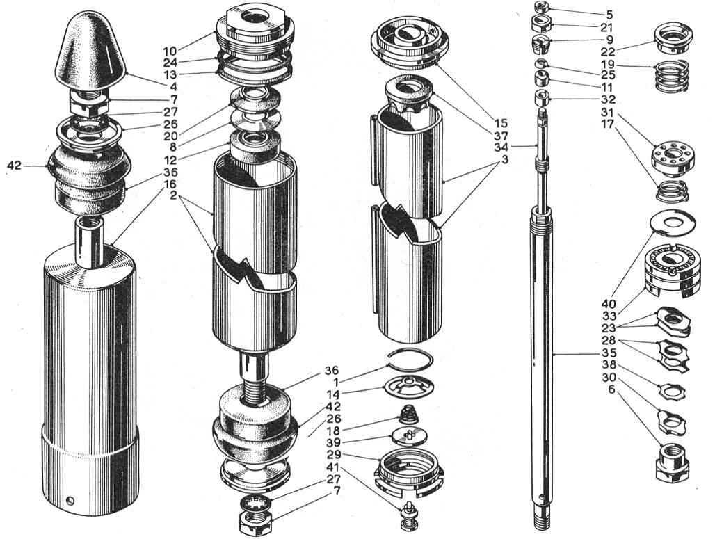 Exploded diagram of a mechanical device, showing various cylindrical and conical components.