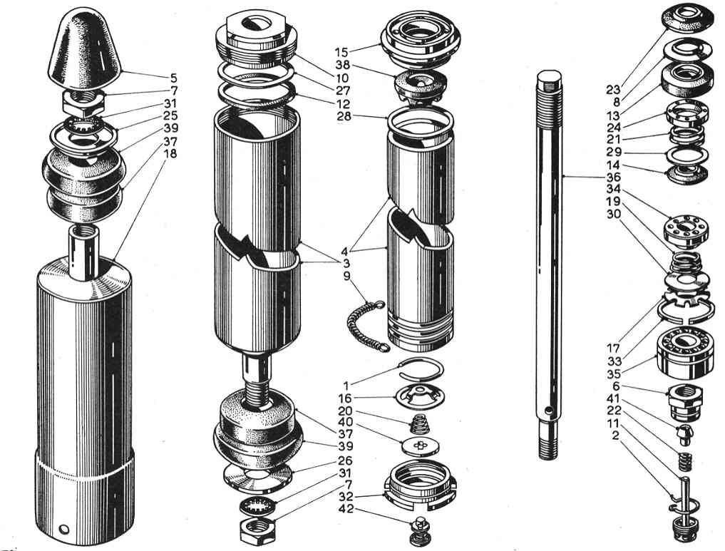 Exploded view diagram of a mechanical device, likely a shock absorber, showing its disassembled components.