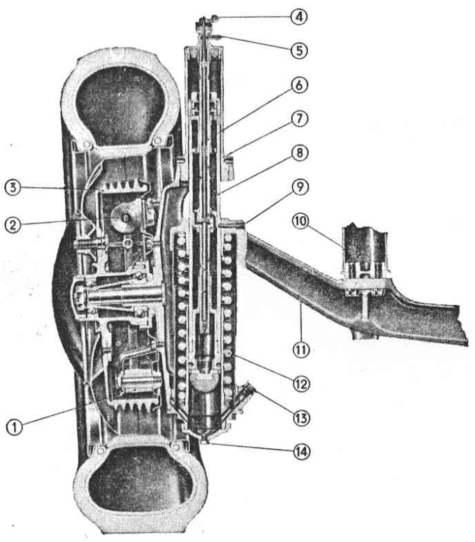 Cross-section diagram of a valve with numbered components: chambers, pipes, and internal mechanisms.