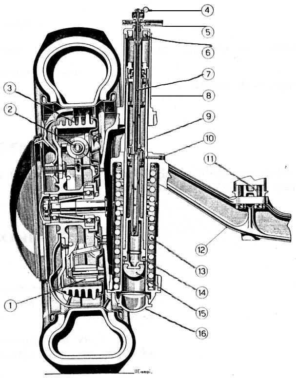 Cross-section diagram of a mechanical device with labeled internal components: 1-16.