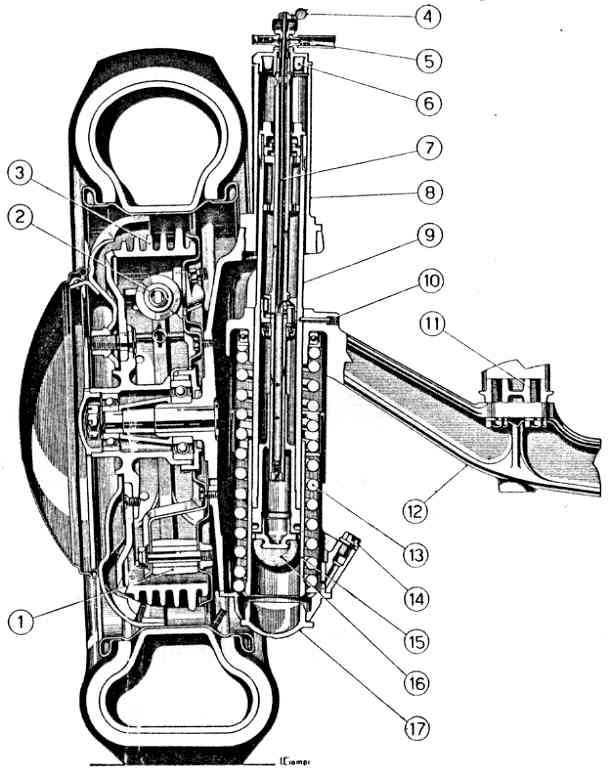 Cross-section diagram of a mechanical device, labeled with numbered parts. The device has a cylindrical body and various internal components.