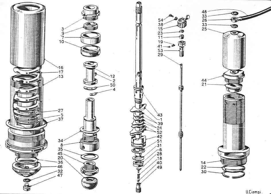 Diagram of disassembled mechanical components, labeled with numbers, likely for assembly/repair instructions.