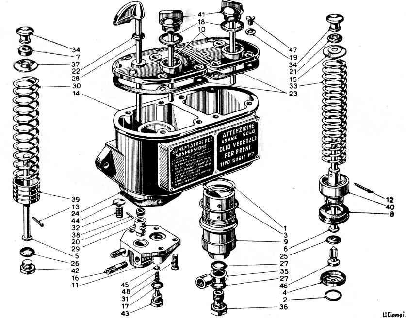 Exploded diagram of a brake master cylinder and related components, showing individual parts labeled for assembly.