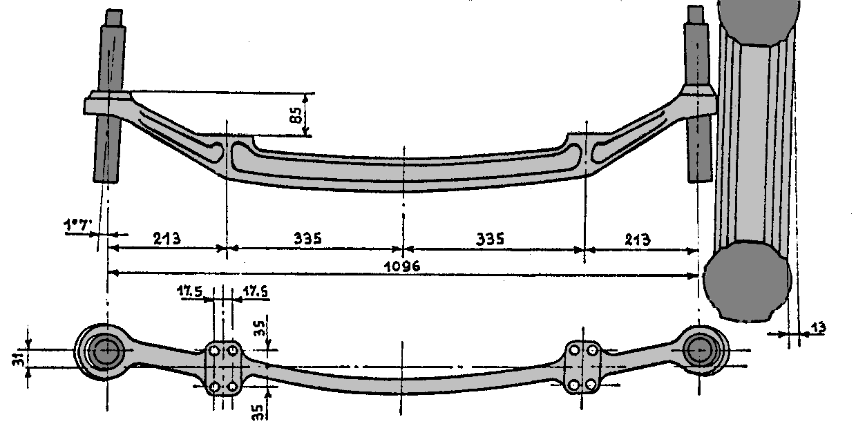 A black and white drawing of a suspension system with measurements.