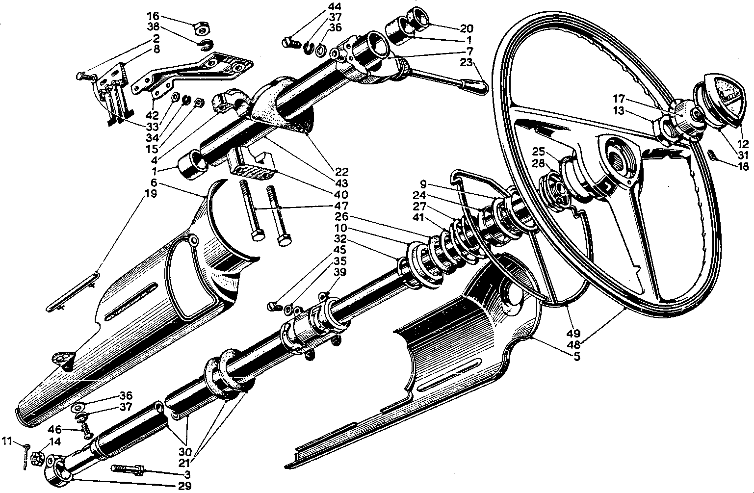 A black and white drawing of a steering wheel