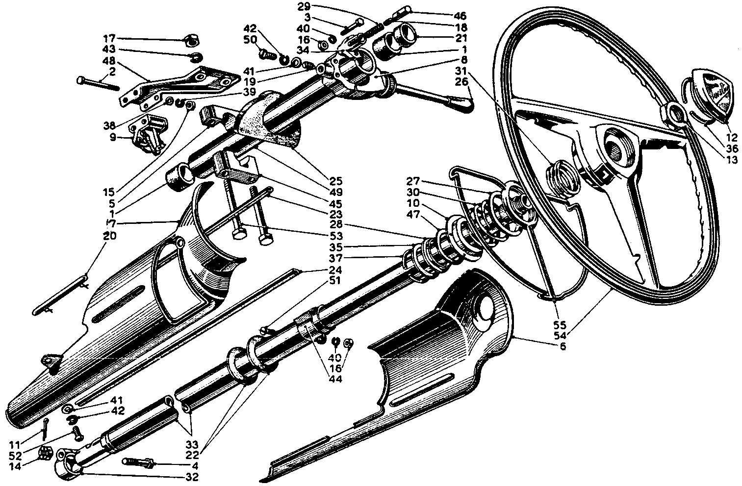 A black and white drawing of a steering wheel and steering shaft.