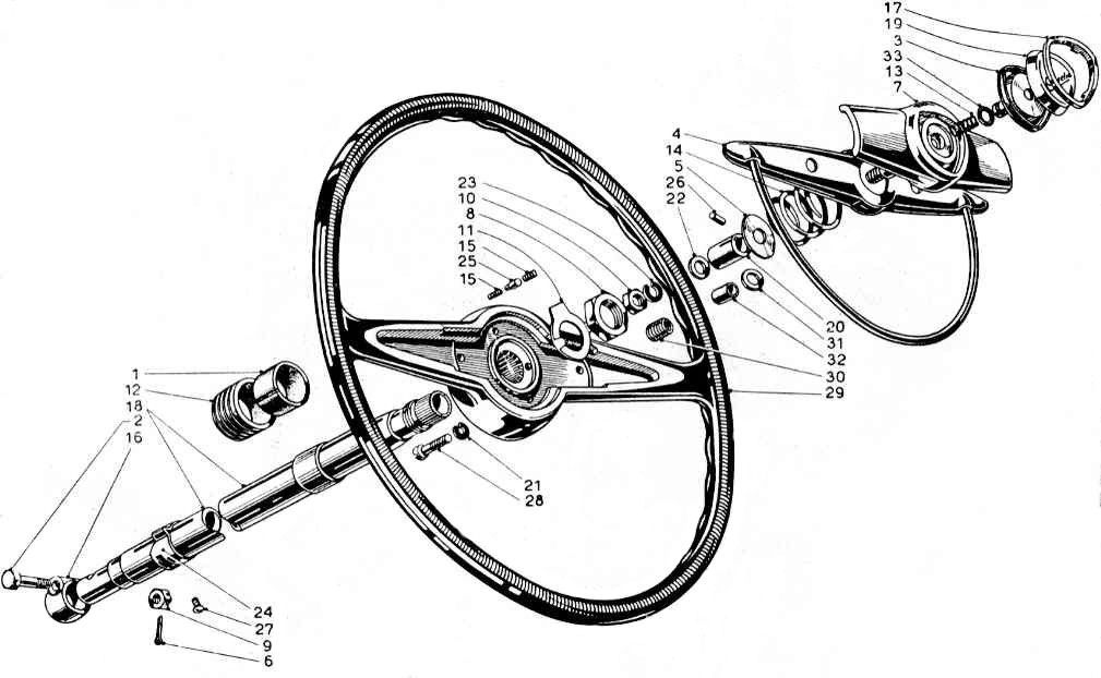 A black and white drawing of a steering wheel with various parts.