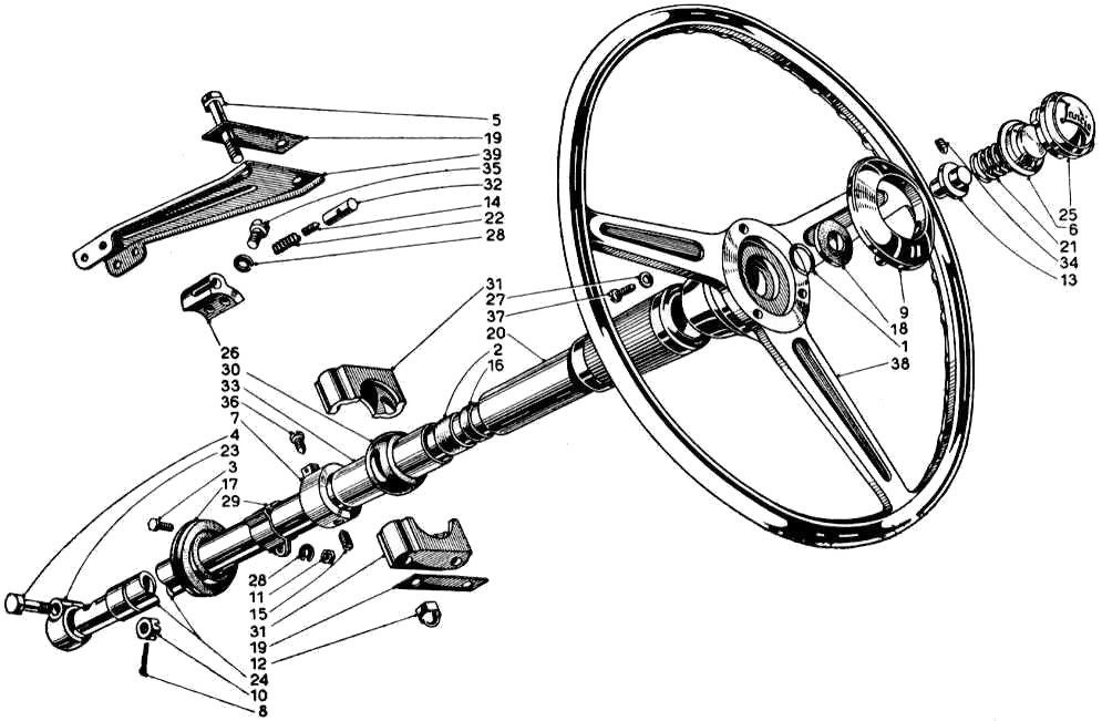 A black and white drawing of a steering wheel and its parts.