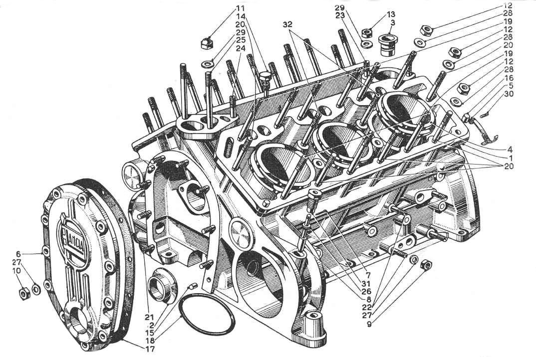 A black and white drawing of a car engine.