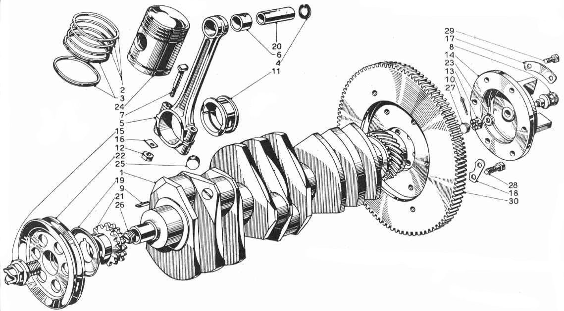 A black and white drawing of a crankshaft with pistons and gears.