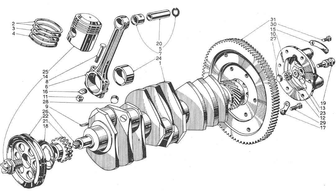 A black and white drawing of a crankshaft with various parts.