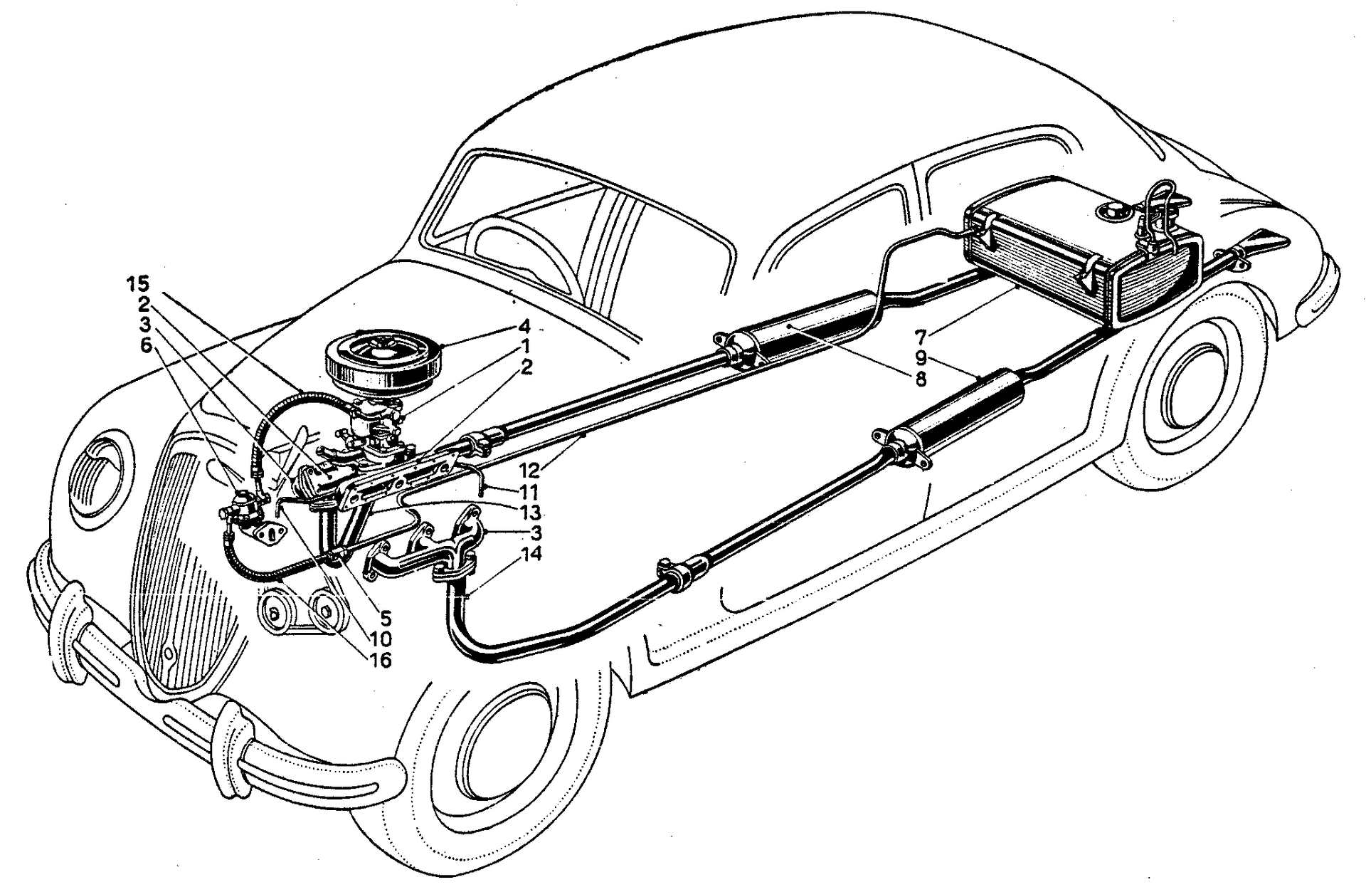 A black and white drawing of a car showing the engine and steering system.