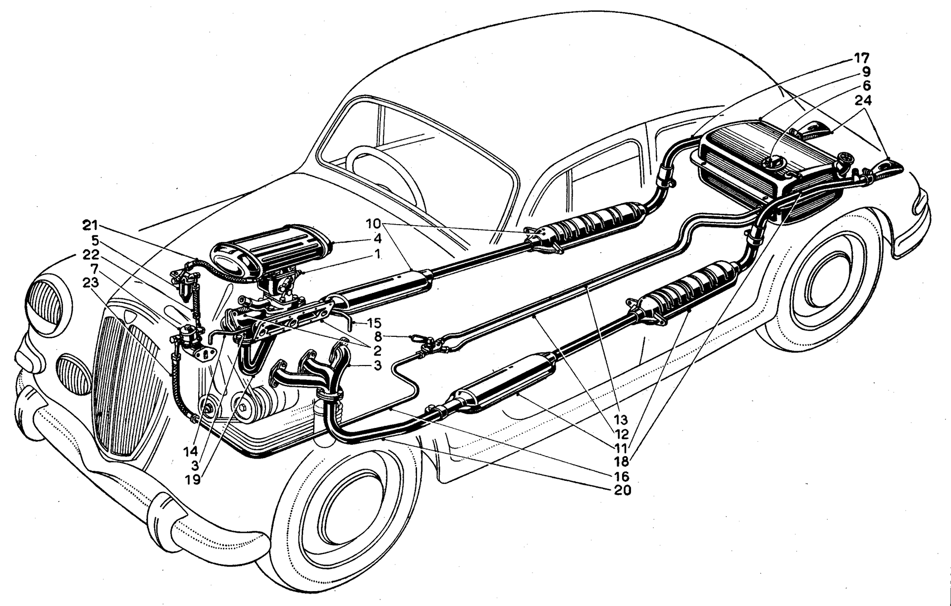 A black and white drawing of a car with the engine exposed.