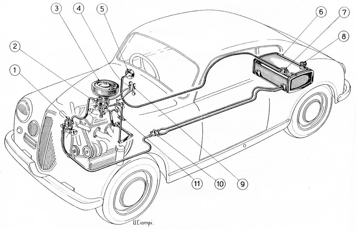 A black and white drawing of a car showing the engine and various parts.