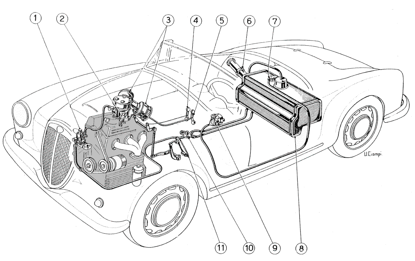 A black and white drawing of the inside of a car with the engine visible.