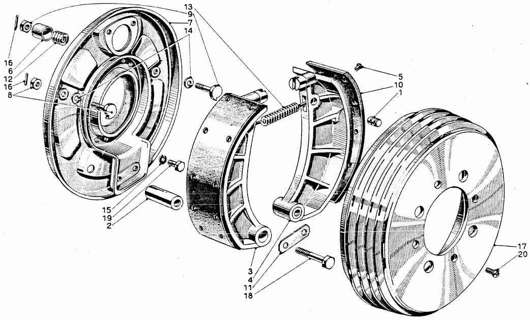 Exploded diagram of a mechanical drum brake assembly, showcasing various components.